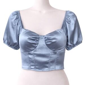 Y2K Satin Corset Crop Top Puff Sleeves Ruched Bust Coquette Womens Medium